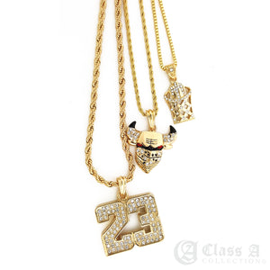 14K GD PT Iced King of Basketball No.23 Hip Hop 22" 24" 26" Rope Box Chain TRIO Necklace Combo- CT1001