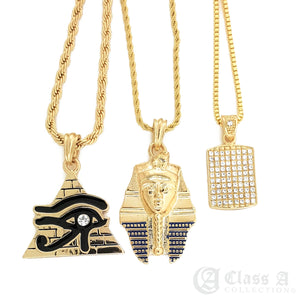 14K GD PT Iced King of Egypt & Dogtag Hip Hop 22" 24" 26" Rope Box Chain TRIO Necklace Combo- CT1002