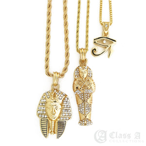 14K GD PT Iced King of Egypt Pharaoh Hip Hop 22" 24" 26" Rope Box Chain TRIO Necklace Combo- CT1004