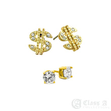 Load image into Gallery viewer, 14K GD PT Iced $ Dollar Sign &amp; 5mm CZ Stud Hypoallergenic Earrings Combo - ER6044