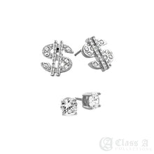 Load image into Gallery viewer, 14K GD PT Iced $ Dollar Sign &amp; 5mm CZ Stud Hypoallergenic Earrings Combo - ER6044