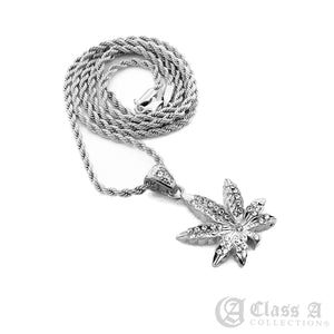 14K GD PT Iced Mini Weed Marijuana Pot Leaf Pendant with Rope Chain Hip Hop Rappers Necklace - HC3000