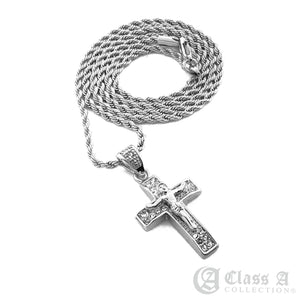 14K GD PT Iced Mini Jesus on the Cross Pendant with Rope Chain Hip Hop Rappers Necklace - HC3007