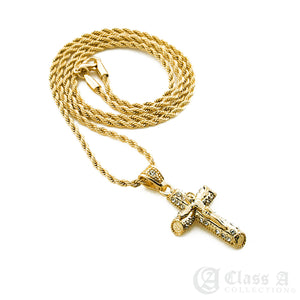 14K GD PT Iced Mini Jesus on Bamboo Cross Pendant with Rope Chain Hip Hop Rappers Necklace - HC3008