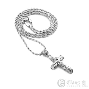 14K GD PT Iced Mini Jesus on Bamboo Cross Pendant with Rope Chain Hip Hop Rappers Necklace - HC3008