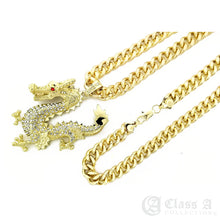 Load image into Gallery viewer, 14K GD PT XL Iced Ruby Eyed Golden Dragon Pendant with Cuban Chain Hip Hop Necklace - KC2048