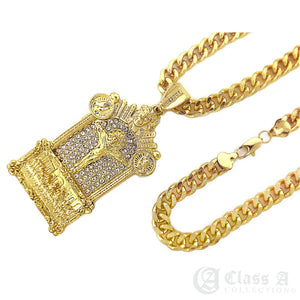 14K GD PT XL Iced Ruby Eyed Golden Dragon Pendant with Cuban Chain Hip Hop Necklace - KC2235