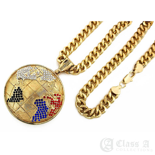 14K GD PT XL Iced World Globe Pendant with Cuban Chain Hip Hop Necklace - KC3097