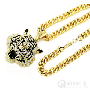 14K GD PT XL Iced Roaring Tiger Pendant with Cuban Chain Hip Hop Necklace - KC3435