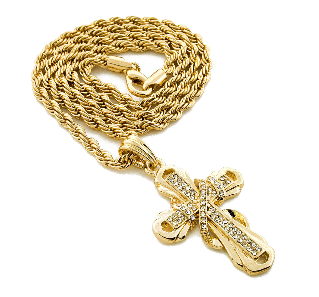 Iced Veiled Cross Pendant with Rope Chain - KC7009