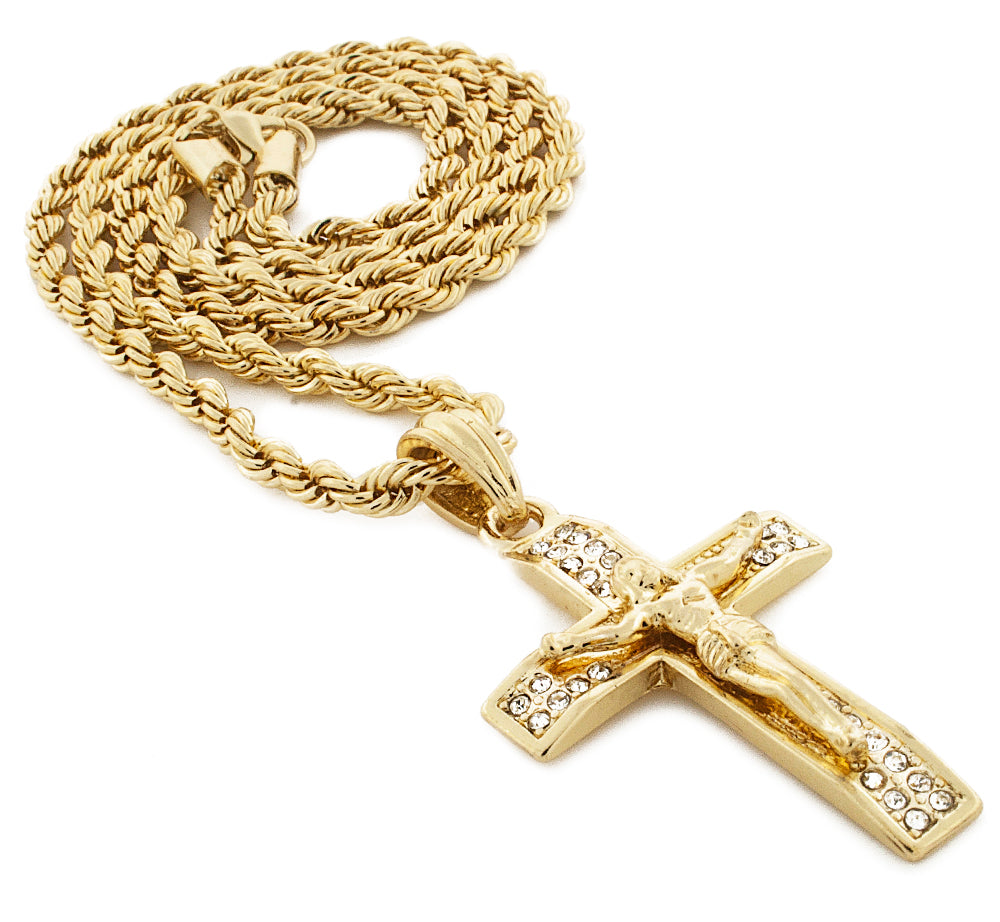 Iced Urban Crucifixion Cross Pendant with Rope Chain - KC7028