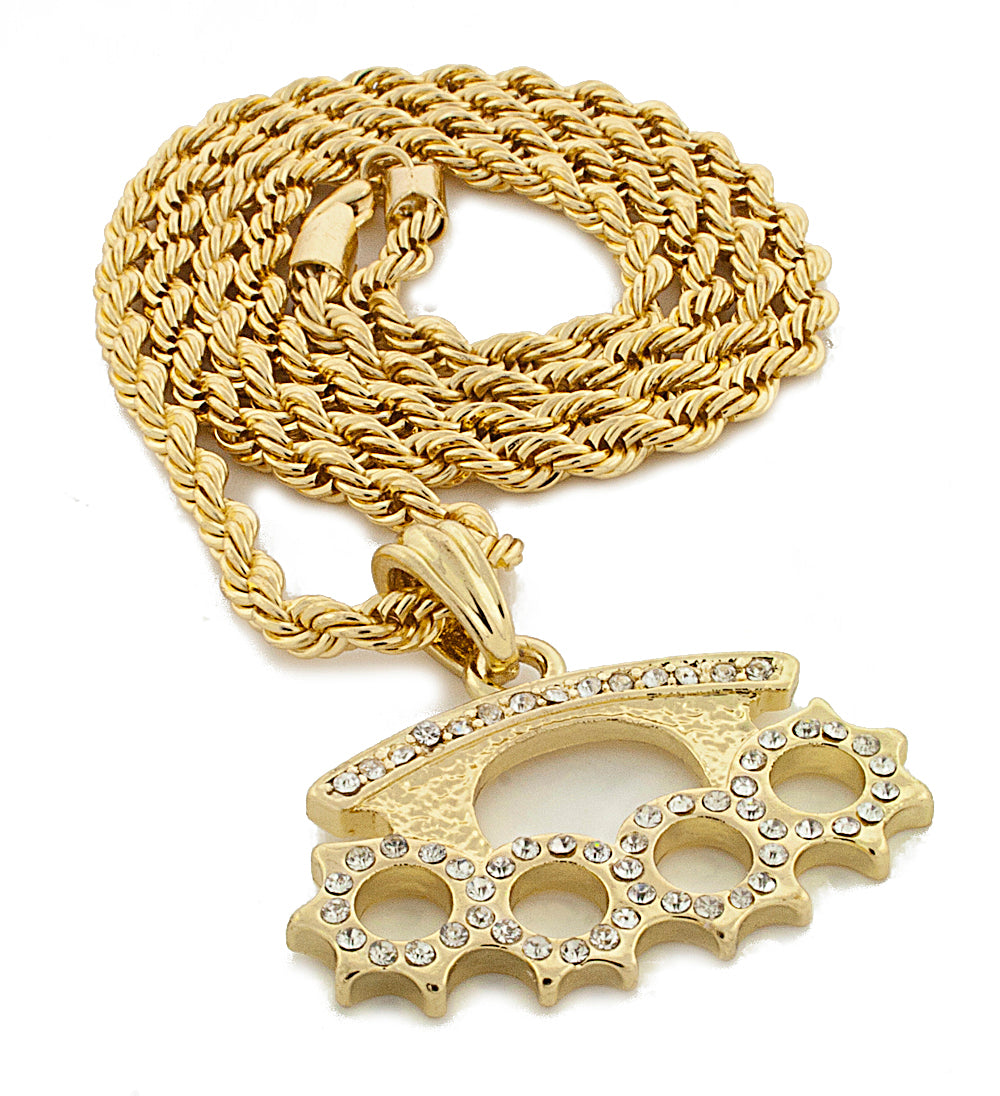 Iced Brass Knuckles Pendant With Rope Chain - KC7037