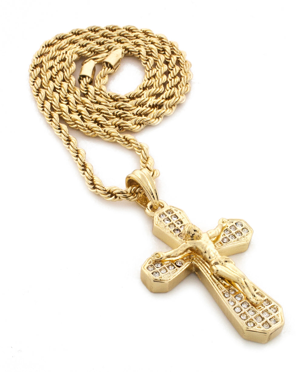 Iced Grill Crucifix Pendant With Rope Chain Necklace - KC7053