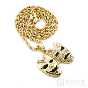 Iced Laugh Now, Cry Later Masks Pendant with Rope Chain - KC7059
