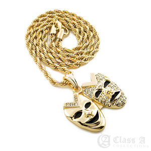 Iced Laugh Now, Cry Later Masks Pendant with Rope Chain - KC7059