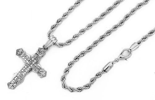 Iced Slim Roman Cross Pendant with Rope Chain - KC7100