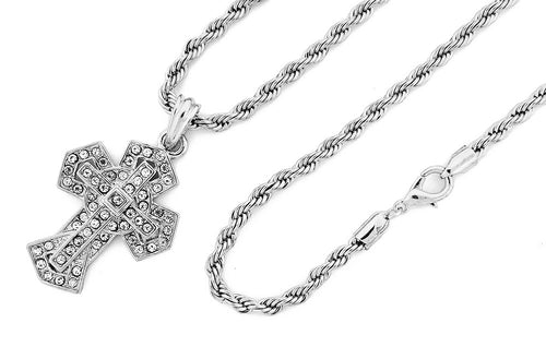 Iced Crusader's Cross Pendant with Rope Chain - KC7102