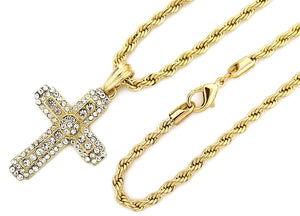 Iced Moon Crystal Cross Pendant with Rope Chain - KC7113