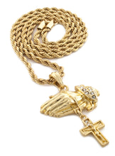 Load image into Gallery viewer, Iced Praying Hand &amp; Cross Pendant with Rope Chain - KC7138