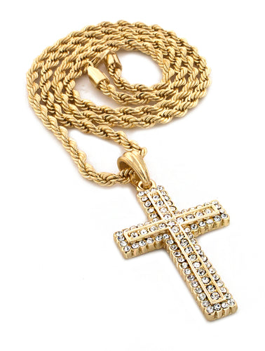 Iced Out Double Cross Pendant with Rope Chain - KC7145