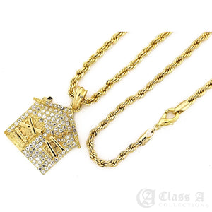 14K GD PT Iced Trap House Pendant with Rope Chain Hip Hop Rappers Necklace - KC7521