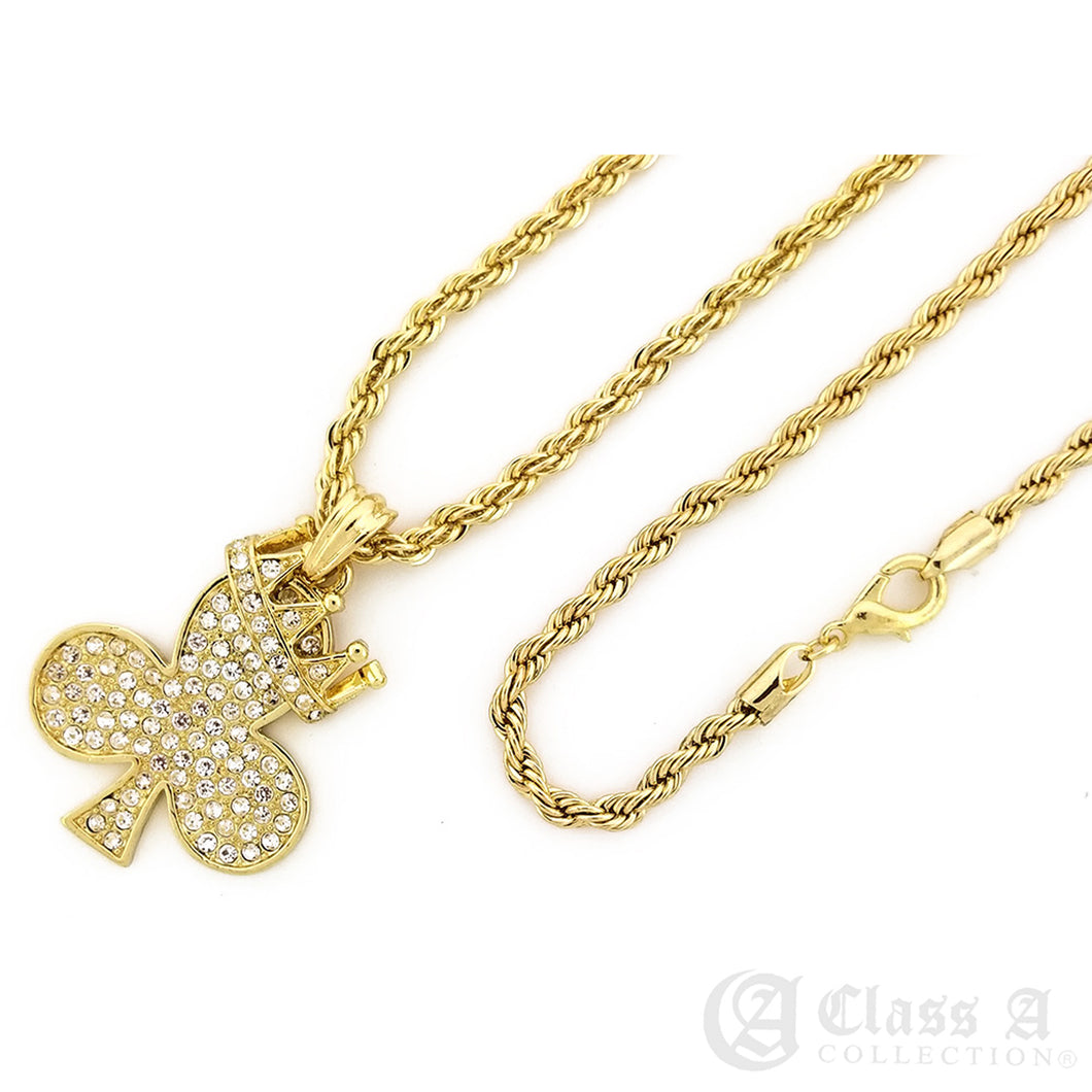 Iced Crowned Club Pendant with Rope Chain - KC7523