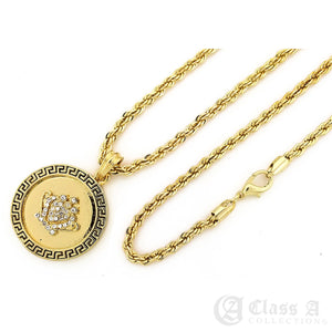 Greek Key Pendant ft. Iced Crown with Rope Chain - KC7530