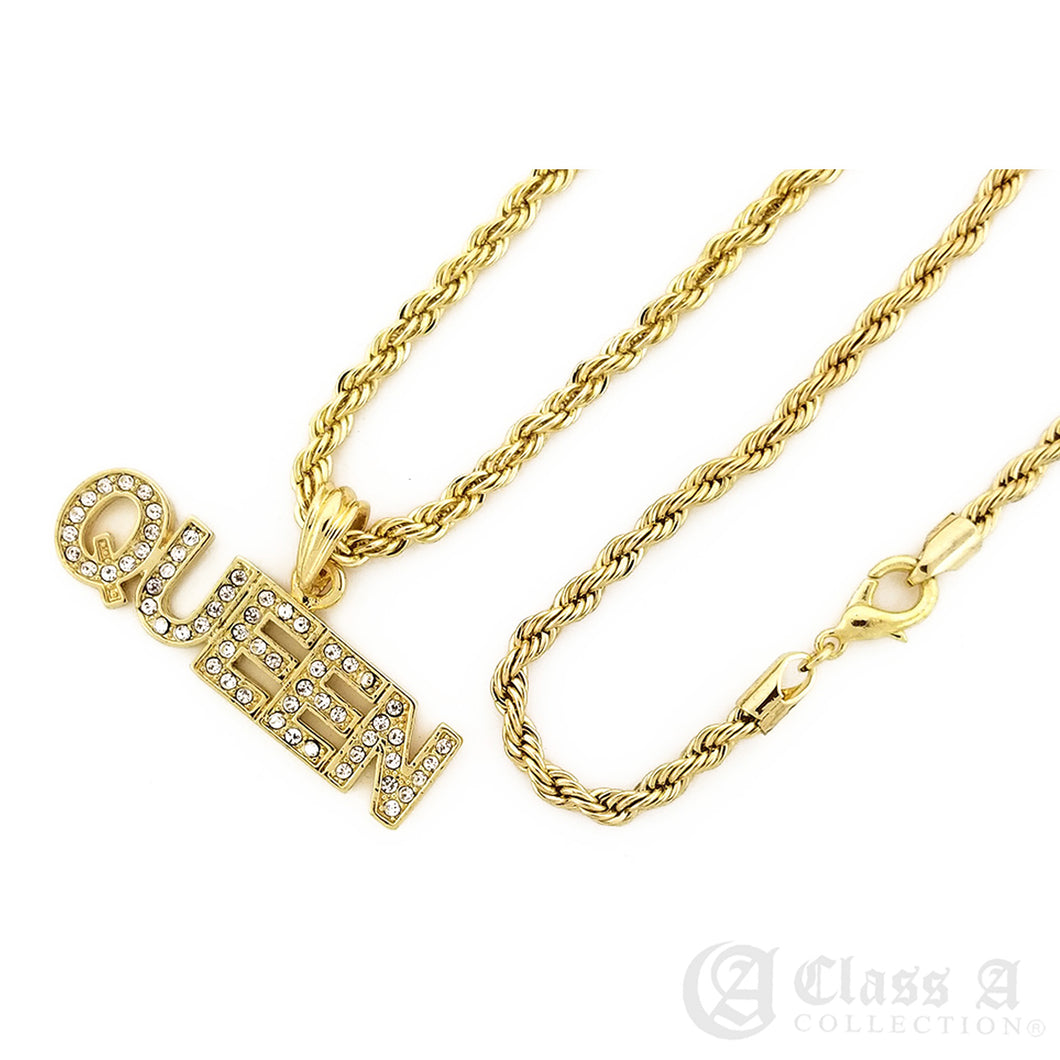 14K GD PT Iced QUEEN Pendant with Rope Chain Hip Hop Rappers Necklace - KC7532