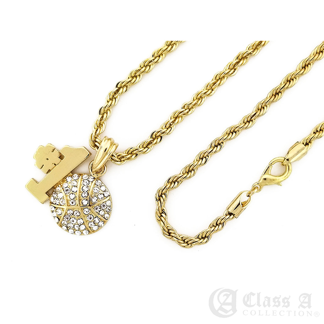 14K GD PT Iced No.1 Basketball Pendant with Rope Chain Hip Hop Rappers Necklace - KC7535