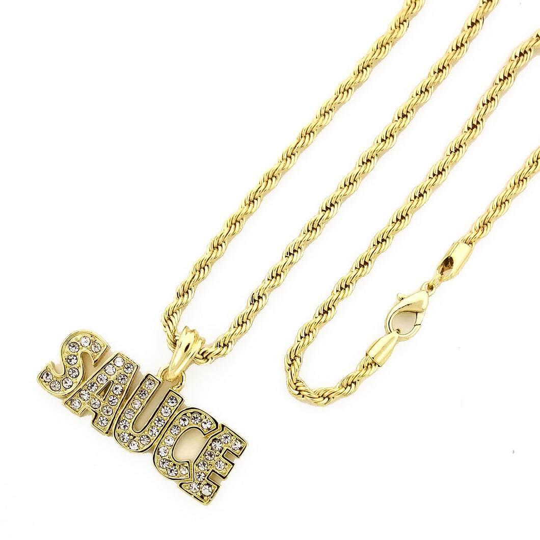 14K GD PT Iced SAUCE Pendant with Rope Chain Hip Hop Rappers Necklace - KC7550