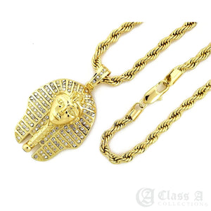 14K GD PT Lab Diamond Iced Egypt Pharaoh Pendant with Rope Chain Hip Hop Necklace - KC8027