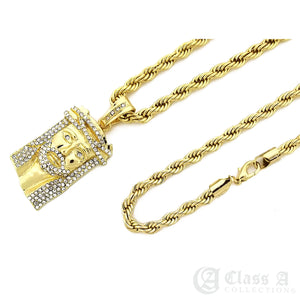 14K GD PT Iced Double Diamond Crown on Jesus Pendant with Rope Chain Necklace - KC8031