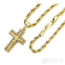 Load image into Gallery viewer, Jesus on the Double Diamond Iced Cross Pendant with Rope Chain Necklace - KC8033