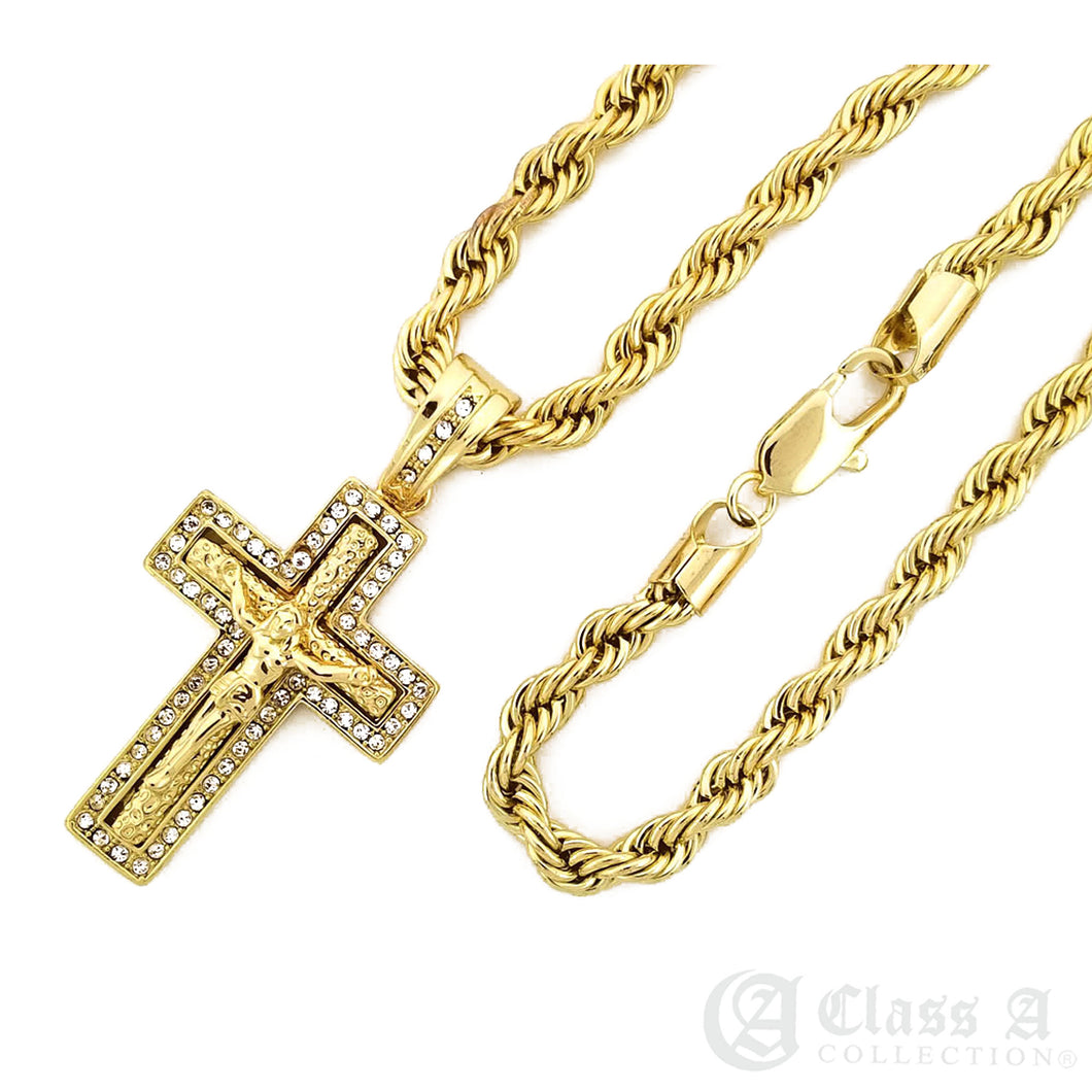 Jesus on the Double Diamond Iced Cross Pendant with Rope Chain Necklace - KC8033
